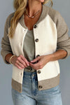 Stylish Women's White Color Block Ribbed Knit Cardigan Sweater with Button Detail for Effortless Layering
