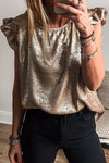 Elegant Gold Metallic Sleeveless Ruffle Top for Women – Chic Round Neck Blouse Perfect for Day or Night Events