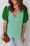 Women's Green Stripe Puff Sleeve V-Neck Blouse with Patchwork Design – Stylish and Trendy Top for Casual Outings