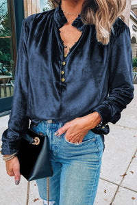 Navy Blue Velvet Top with Frilled Neck and Buttoned Front