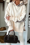 Trendy Women's Beige Plaid Patchwork Sweatshirt with Side Slit - Cozy Casual Fall Fashion Essential