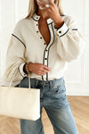 Beige Long Puff Sleeve Button-Down Shirt for Women - Chic Casual Top with Contrast Trim and Comfortable Fit