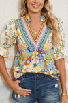 Women's Boho Floral Crochet Blouse in Multicolor with V-Neck and Half Sleeves for Effortless Chic Style