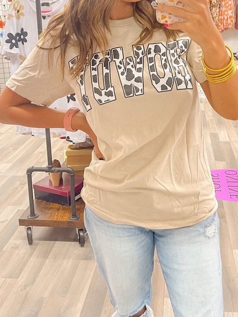 Cow Print Western Howdy Khaki Graphic T-Shirt