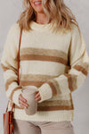 Women's Casual Khaki Stripe Knit Sweater with Exposed Seams, Drop Shoulder, and Relaxed Fit for Effortless Style