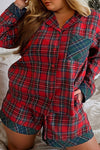 Cozy Plus Size Women's Red Plaid Long Sleeve Pajama Shirt & Shorts Set for Ultimate Comfort and Relaxation