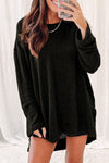 Chic Women's Black Oversized Waffle Knit Top with High Slits - Cozy and Stylish for Casual Outings and Everyday Wear