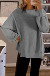Cozy Women's Oversized Gray Waffle Knit Top with Bishop Sleeves and Side Split for Effortless Casual Style