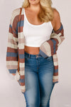 Chic Plus Size Women's Dark Blue Striped Color Block Cardigan with Open Front and Trendy Hollowed Details