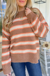 Chic Cozy Brown Stripe Drop Shoulder Sweater for Women - Casual Crew Neck Knit Top Perfect for Fall Style