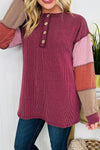 Chic Women's Red Color Block Long Sleeve Henley Top with Twisted Ribbed Design and Stylish Exposed Seams