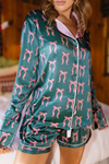 Cozy Women's Green Silky Long Sleeve Pajama Set with Bow Print - Stylish 2-Piece Shorts and Top for Relaxing Evenings