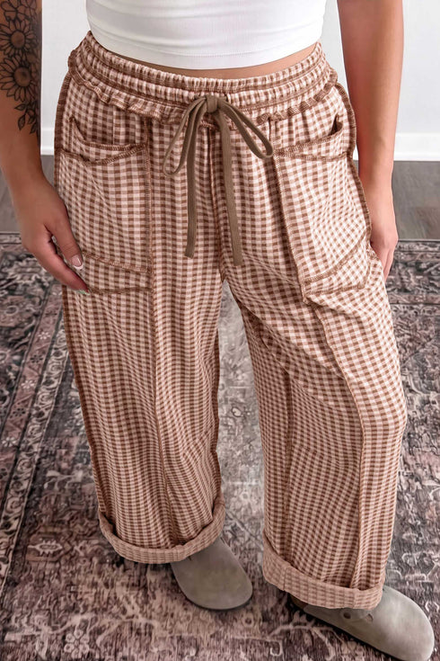 Women's Stylish Brown Plaid Drawstring Shift Pants with Elastic Waist & Contrast Trim – Comfortable Casual Fashion