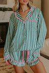 Women's Green Stripe Long Sleeve Pajama Set with Ruffled Shorts & Ricrac Trim for Cozy Sleepwear and Relaxation