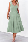 Flattering Women's Sleeveless Green Midi Dress with Square Neckline and Shirred Pleats - Perfect Summer Style
