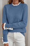 Dusk Blue Loose Sweater with Lace Trim and Buttoned Cuffs for Women – Stylish Patchwork Design for Cozy Comfort