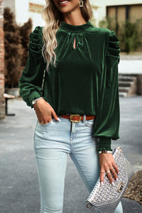 Luxurious Green Velvet Puff Sleeve Blouse with Mock Neck