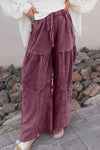 Boho Chic Women's Wild Ginger Wide Leg Tiered Pants with Drawstring - Casual Mineral Wash Patchwork Trousers