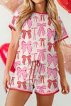Women's Casual Summer 2-Piece Set: Pink Bow Print Tee & Drawstring Shorts, Loose Fit for Effortless Style