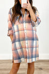 Stylish Women's Pink Plaid Shirt Dress with Roll-Tab Sleeves & Side Slits - Perfect for Casual Outings & Everyday Wear