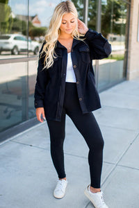 Black Solid Color Exposed Seam Patchwork Button Down Fleece Shacket