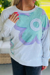 Trendy Women's Light Grey Long Sleeve Top with Color Block & Floral Patch - Casual Chic Fit for Everyday Wear