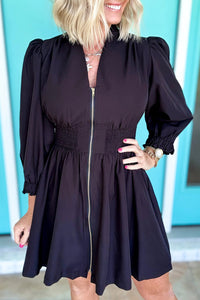 
Elegant Black Smocked Mini Dress for Women - Long Sleeve, V-Neck, High Waist for Effortless Chic Style