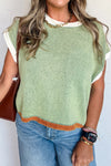 Women's Grass Green Colorblock Sweater Top with Contrast Trim - Loose Fit, Short Sleeve, Stylish Patchwork Design