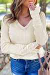 Beige Women's Long Sleeve V-Neck Top with Lace Detail & Ruched Design - Cozy Thermal Knit for Casual Outings
