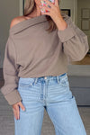 Women's Cozy Old Rose Asymmetric Neck Long Sleeve Waffle Knit Top - Stylish Casual Wear for All Seasons