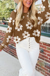 Cozy Women's Camel Floral Knit Sweater with Drop Shoulders - Trendy Fall Fashion Essential for Effortless Style
