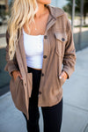 Cozy Women's Dark Khaki Fleece Shacket with Exposed Seams & Button Closure - Stylish Casual Wear for Everyday Comfort