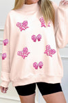 Chic Women's Apricot Pink Sequin Bow Mock Neck Sweatshirt - Cozy, Stylish Fit for Effortless Casual Looks