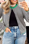 Plus Size Women's Black Striped Button Down Cardigan with Ribbed Trim - Cozy, Stylish Sweater for Year-Round Wear
