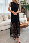 Chic Women's Black Floral Lace Sleeveless Maxi Dress with Sheer Patchwork - Ideal for Weddings and Special Events