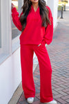 Women's Fiery Red Athleisure Set - Stylish Quarter-Zip Pullover & Drawstring Sweatpants for Ultimate Comfort