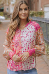 Stylish Women's Pink Floral Puff Sleeve V-Neck Blouse - Trendy Summer Top for Casual Outings and Everyday Wear