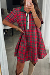Women's Red Christmas Plaid Dress with Striped Trim and Button Neck – Short Sleeve Holiday Style