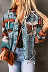 Trendy Women's Multicolor Aztec Print Denim Jacket with Frayed Hem – Stylish Casual Fall Outerwear for Layering