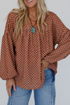 Trendy Women's Brown Geometric Print V-Neck Blouse with Puff Sleeves and Drop Shoulders for Stylish Comfort