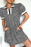 Women's Black Leopard Print Polo Dress with Contrast Striped Trim, Short Sleeves, and Pockets for Casual Chic Style
