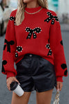 Stylish Women's Loose Racing Red Sweater with Pearl-Embellished Bow for Comfort and Chic Fashion