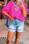 Stylish Women's Rose Red V-Neck Blouse with Dolman Sleeves and Leopard Trim Chic, Comfortable Everyday Top
