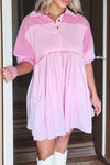Chic Women's Pink Color Block Mini Dress with Raw Seam and Button Polo Collar for Effortless Casual Style