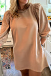 Plus Size Women's Light Beige 3/4 Sleeve Shift Dress with Braided Trim for Effortless Casual Chic Style