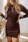 Chic Women's Brown Knit Midi Sweater Dress - Cozy Long Sleeve Relaxed Fit for Effortless Fall Style