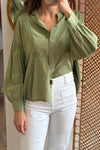 Women's Grass Green Puff Sleeve Lace Blouse - Trendy Drop Shoulder Shirt for Effortless Chic Style and Comfort