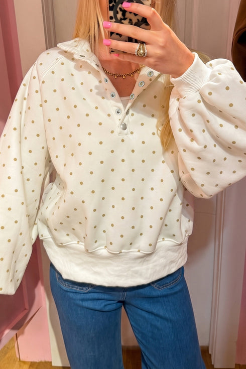 Trendy Women's White Polka Dot Casual Sweatshirt with Metal Button Collar - Comfy Everyday Style for Effortless Fashion