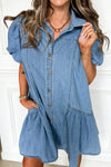 Women's Beau Blue Denim Dress with Short Puff Sleeves, Ruffle Hem, and Patchwork Design – Stylish Casual Fit