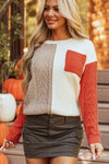 Cozy Women's Gold Flame Colorblock Drop Shoulder Sweater with Pockets – Chic Casual Knitwear for Effortless Style